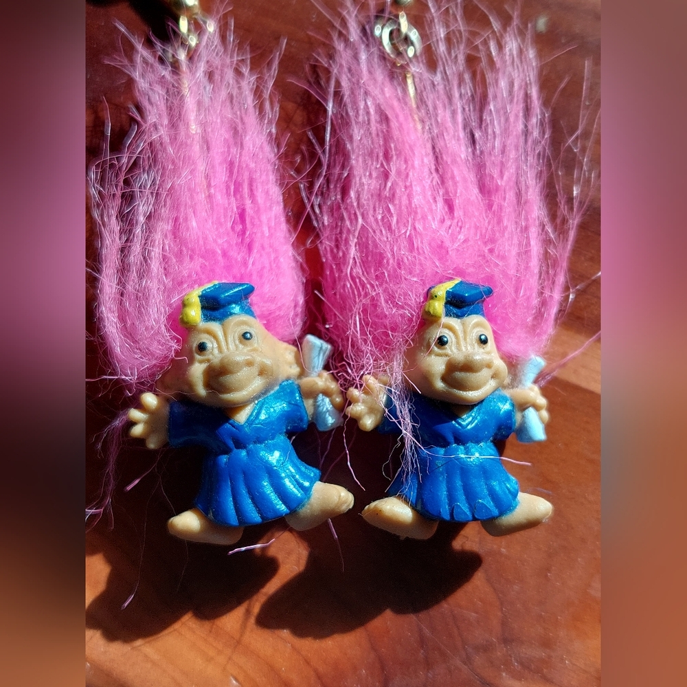 Vintage 1992 Russ Troll Graduation Earrings Blue Cap/gold Tassel Pink Hair